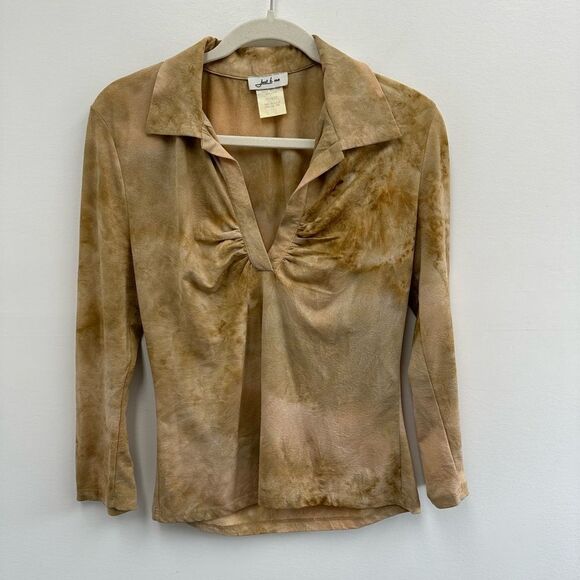 Vintage Y2K 90s Ruched Collared Polo Beige Tie Dye Long Sleeve Top Size M - Picture 5 of 8
